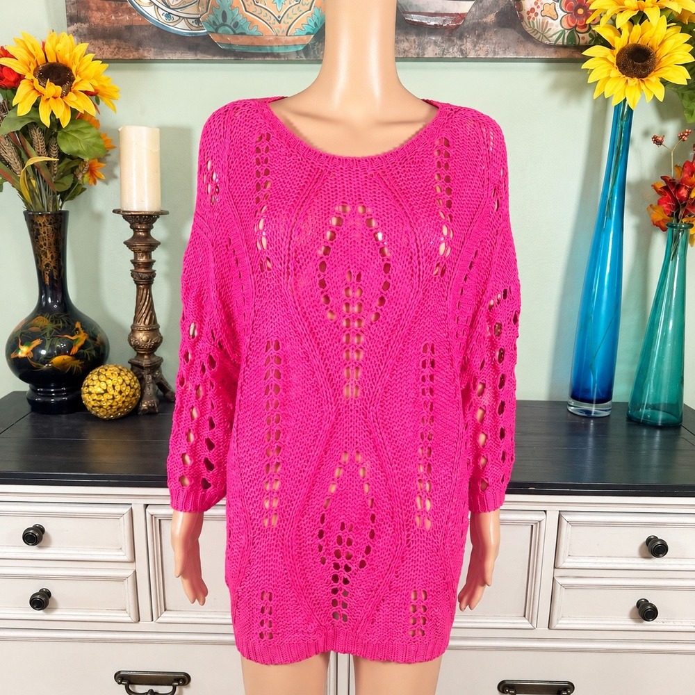 Hot Pink Open Knit Sweater Women Oversized Crochet Tunic Barbiecore Coastal Boho